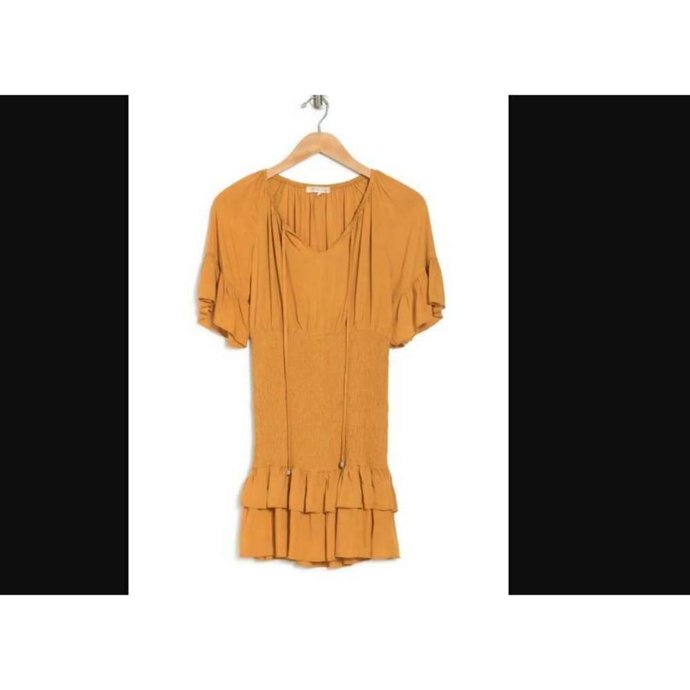See The Shades Tie Front Smocked Tiered Dress In Mustard Size Small